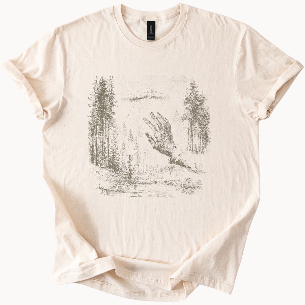 Mysterious Forest Hand UFO Graphic Tee Vintage Sketch Style